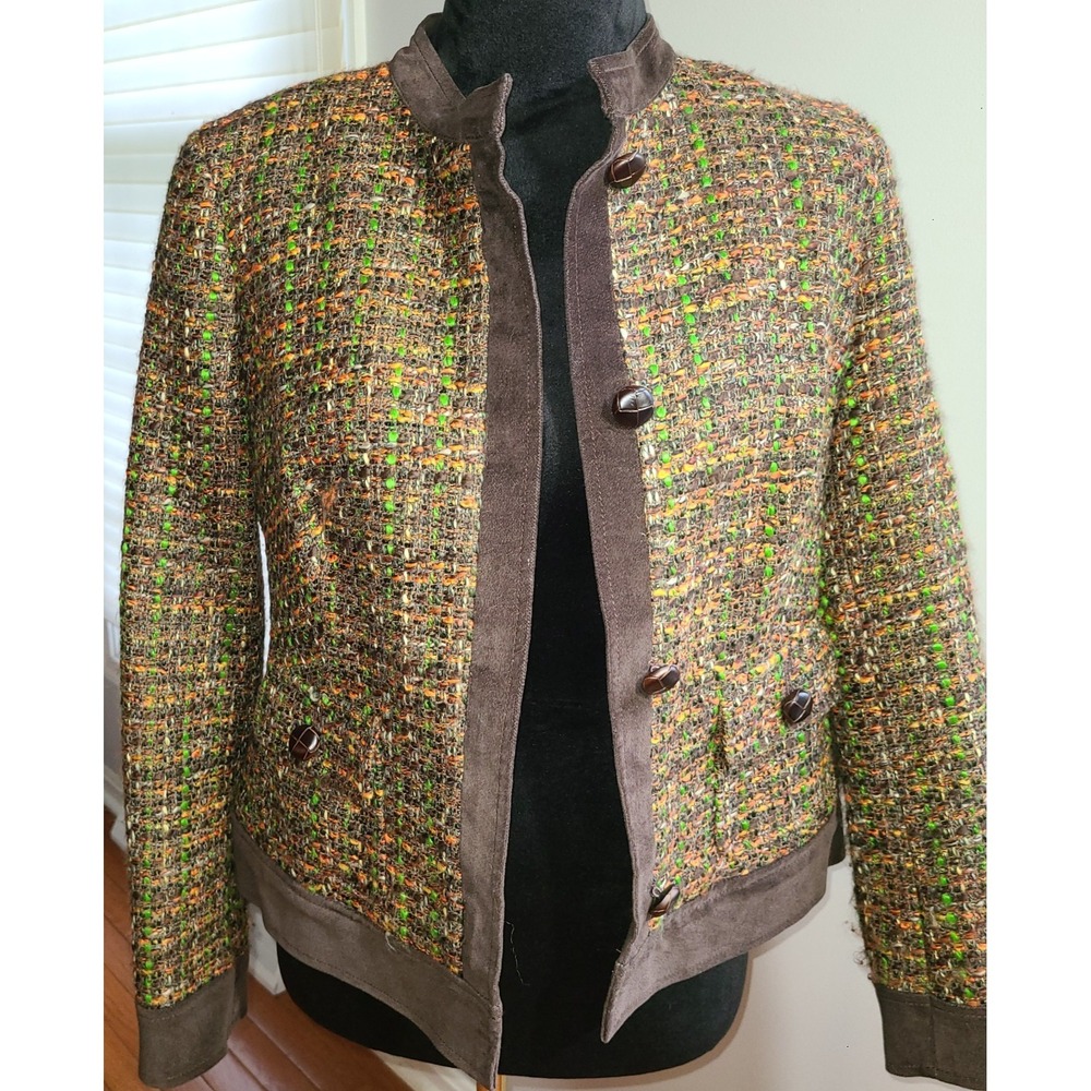 TALBOTS Nubby Brown Tweed Velvet Trim Jacket Blazer Sz 4 Orange Green Luxury